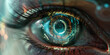 A closeup of an eye with the iris showing circuitry, symbolizing machine vision and artificial intelligence technology.