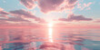 3D rendering of the sun setting over an ocean with pink and purple clouds in the sky.