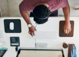 Poster - Call center, hands or businessman in office top view consulting for crm, ecommerce or contact us with customer support. Above, workspace or telecom by lead generation consultant with b2b virtual help