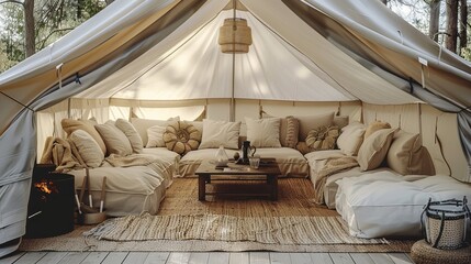 Wall Mural - Glamping in the mountains with fireplace and breathtaking views of nature, luxury tent with a beautiful sofa, country hotel in the forest at dusk. 