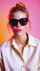 photo of beautiful woman with blonde hair and style sunglasses standing against pink background, generative AI