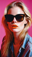 photo of beautiful woman with blonde hair and style sunglasses standing against pink background, generative AI