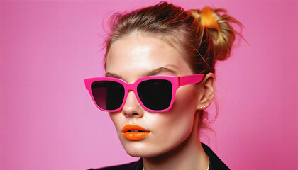 photo of beautiful woman with blonde hair and style sunglasses standing against pink background, generative AI