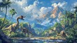 The image shows a group of dinosaurs in a lush prehistoric landscape
