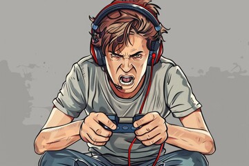 Poster - A man immersed in playing a video game with headphones. Suitable for gaming or entertainment concepts