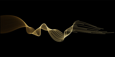 Wall Mural - Abstract vector wavy lines flowing smooth curve gold gradient color on black background in concept of luxury, technology, science, music, modern.