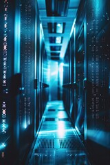 Poster - Long hallway in a server room with blue lights. Suitable for technology concepts