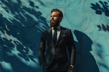 Man Fashion Suit. Handsome Gentleman in Blue Suit, Beard, and Attractive Look