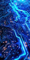 Wall Mural - Blue Computer Technology Background. Circuit Board with Light Trails on Dark Backdrop