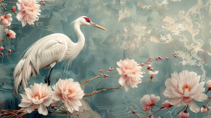 Naklejka na meble Decorations in vintage style with peony flowers and Chinese clouds. Crane birds element with abstract banner.