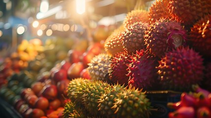Colorful assortment of exotic fruits on display at a tropical market stall