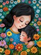 Mother and her child son illustration with flowers and warm feelings on mother's day or women's day celebration