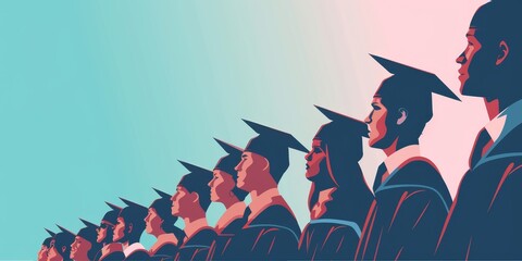 A group of people wearing graduation caps and gowns are standing in a row. Concept of accomplishment and pride as these graduates have completed their studies