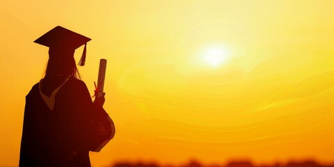 Canvas Print - A graduate student stands in front of a beautiful sunset, holding a diploma. Concept of accomplishment and pride, as the graduate has just completed their studies