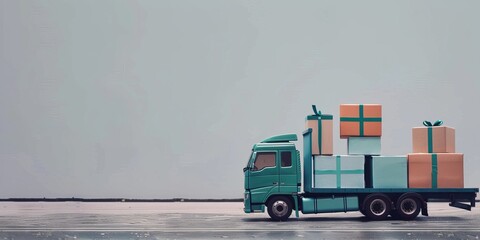 Wall Mural - A green truck is driving down a road with a large pile of boxes on the back. The truck is carrying a large amount of gifts