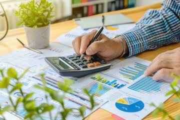Poster - a person using a calculator on a desk, suitable for financial concepts