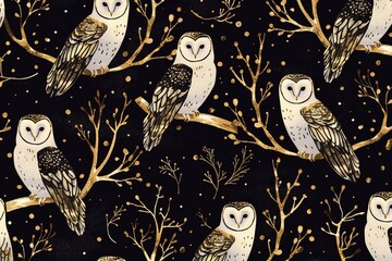 cute owl pattern gold lines. seamless pattern with tree branches and forest birds owls. illustration