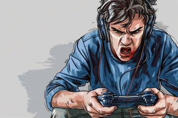 Poster - A man immersed in playing a video game with headphones on. Suitable for gaming and entertainment concepts