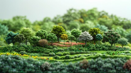 A lush green field with a variety of trees and flowers