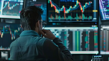 Wall Mural - A financial analyst analyzing stock market trends on a computer screen, with various graphs and charts illustrating market movements.