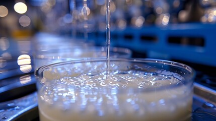 Wall Mural - A glass of liquid being poured into another cup on a conveyor belt, AI