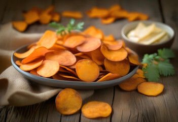 Wall Mural - A plate of sweet potato chips with garlic sauce on a rustic wooden table