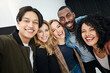 © peopleimages.com - Happy people, portrait and diversity with selfie for photography, picture or memory together at office. Creative group of friendly employees with smile in team building moment or startup at workplace