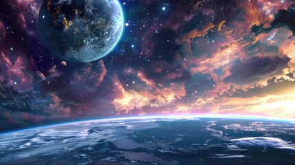 Wall Mural - the majestic earth adorned with the beauty of a sunrise and the shimmering moon against the backdrop