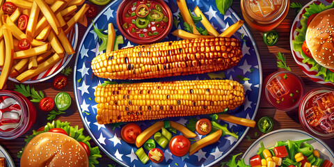 Poster - View from above. Illustration. Fragrant grilled corn is a symbol of the celebration of Independence Day in America on July 4th. It reflects the concept of a holiday, delicious food and a day off.