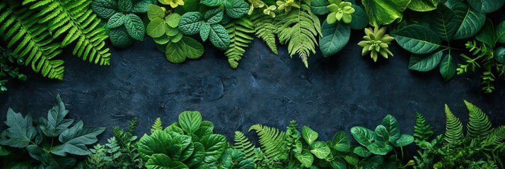 top view lush green tropical leaves border frame design, generative ai