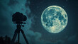 A photographer with a tripod and camera captures a breathtaking moon and stars against a black night sky. for illustration, background, backdrop, photography book, travel, advertising, film