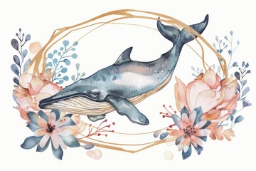 Wall Mural - Beautiful watercolor painting of a whale surrounded by flowers. Perfect for nature and animal lovers