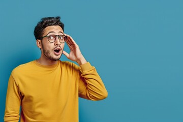 The inquisitive listener excitedly eavesdropping on fresh gossip against a blue backdrop