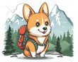 Cute  character corgi wearing  tourist backpack gear with forest and mountains in the background. 2d cartoon flat  illustration.  A mascot  for a travel company.