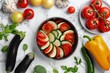 Colorful assortment of fresh ingredients prepared for gourmet ratatouille on a chic white marble table