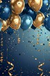 A festive celebration with golden and blue balloons amidst sparkling confetti and streamers