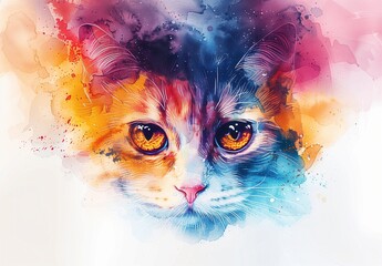 Dreamy Cosmic Watercolor Cat with Intense Golden Eyes Surrounded by Starry Nebula Clouds and Vibrant Splashes on a White Background