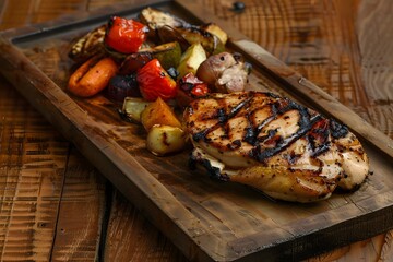Wall Mural - Chicken steak, served on a rustic wooden platter. The succulent grilled chicken breast, adorned with charred grill marks, exudes a tantalizing aroma of savory spices.