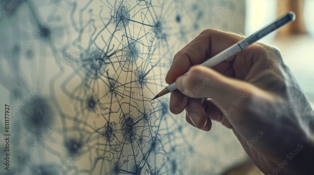 A hand drawing a mind map with interconnected graphs and diagrams ...