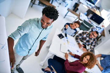 Leinwandbilder - Startup, board or man in presentation for teaching, development or coaching people in office. Training, staff or designers talking for team agenda, meeting or planning in discussion for project brief
