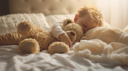 Wall Mural - A young child is sleeping with a teddy bear on a bed