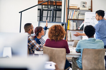 Aufkleber - Question, board or man in presentation for teaching, development or coaching people in startup. Hand up, staff or designers talking for team agenda, meeting or planning in discussion for training