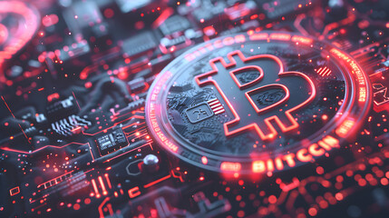 Poster - bitcoin cryptocurrency coin on circuit board background. Cryptocurrency concept.