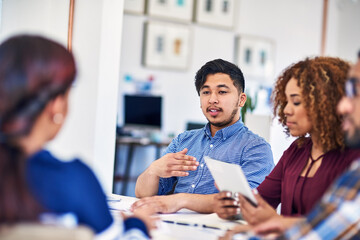 Canvas Print - Startup, creative or people speaking in discussion or meeting for brainstorming, review or partnership. Tablet, staff or designers talking for teamwork or planning in conversation for project brief