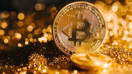 Poster - Bitcoin golden coins on a black background,