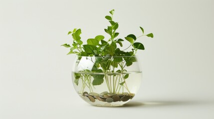 Wall Mural - Green plants flourishing in a transparent container filled with coins against a white backdrop