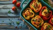 A blue dish filled with stuffed peppers on a wooden table. Perfect for food blogs and recipe websites