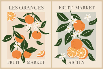 Wall Mural - Set of Abstract Fruit Market retro posters. Trendy contemporary wall arts with orange citrus fruit design and French text Oranges. Modern naive groovy interior decorations, vector art paintings. 