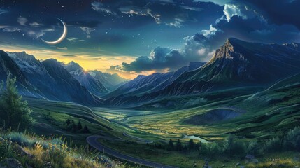 Wall Mural - Picture a stunning mountainous terrain with a meandering asphalt road cutting through the valley overlooked by the sun and moon painting the sky This scene embodies the concept of the chang
