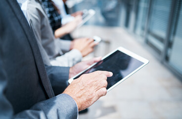 Aufkleber - Businessman, hand and tablet for meeting in outdoor, networking and website, agenda or email for planning of project. Entrepreneur, mobile and screen, internet or connection, schedule and company